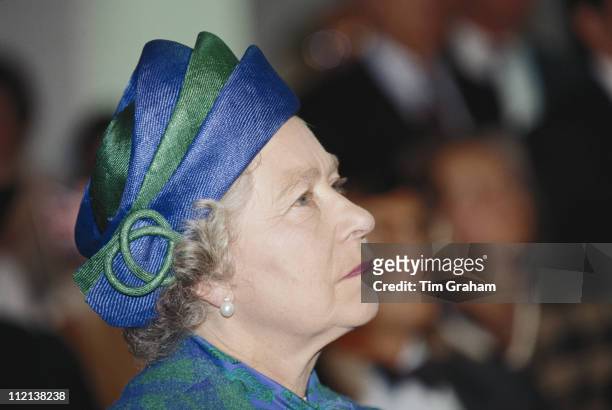 Queen Elizabeth II, wearing a suit and hat by designer Ian Thomas, visiting Bonn during an official State Visit to Germany, 20 October 1992.