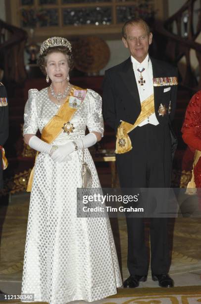 Queen Elizabeth II and Prince Philip in Kathmandu during an official tour of Nepal, 19 February 1986.