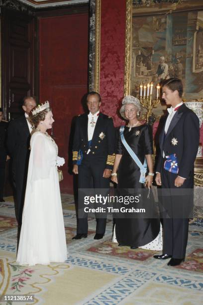 Queen Elizabeth II and Prince Philip meeting King Juan Carlos I of Spain, Queen Sofia of Spain and their son Felipe, Prince of Asturias, at the...