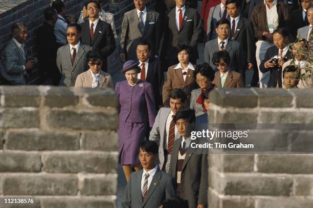 Queen Elizabeth II visiting the Great Wall Of China, at Badaling, near Beijing, during an official state visit to China, 14 October 1986.