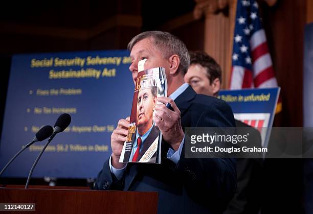 April 13: Sen. Lindsey Graham, R-S.C.; holds up a copy of CQ magazine that he was featured on the cover in a story about Social Security reform...
