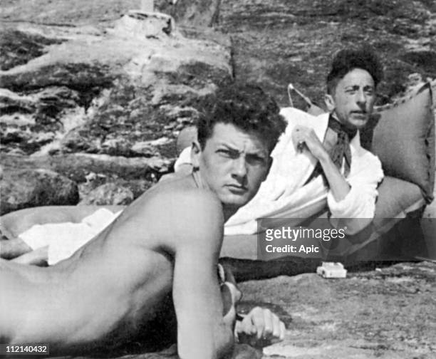 Jean Marais and Jean Cocteau on the beach during holidays in Pramousquier, France, 1938.