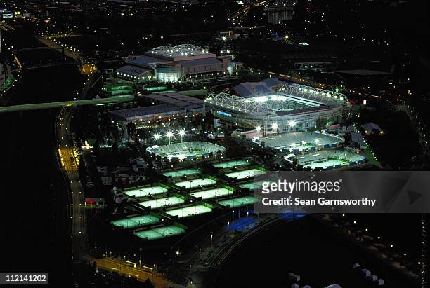 General nightime view of the outside courts and the Rod Laver Arena at the Australian Open Tennis Championships on 23rd January 2002 in Flinders Park...