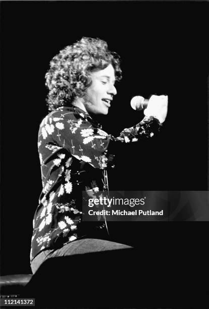 Carole King performs on stage in London on 23rd July 1973.