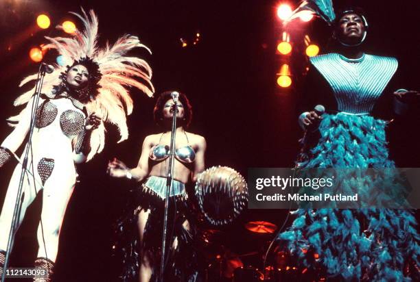 Labelle perform on stage, London, 11th March 1975, L-R Nona Hendryx, Sarah Dash, Patti Labelle.