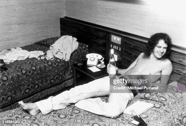 Jim Lea of Slade, portrait in hotel room, London, 1973.