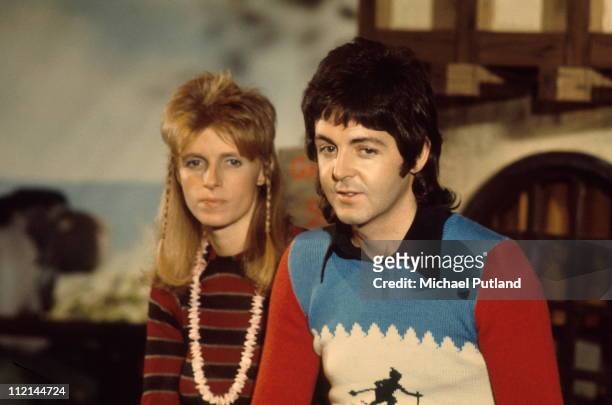 Linda McCartney and husband Paul McCartney of Wings posed in 1973.