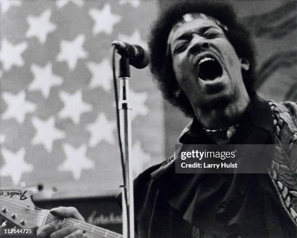 Jimi Hendrix performs at Golden Bear raceway in Sacramento, California on April 26, 1970.