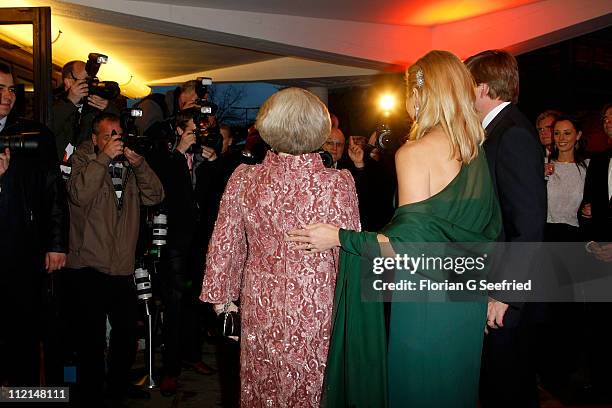 Queen Beatrix of the Netherlands, Princess Maxima and Prince Willem-Alexander arrive for the performance of the Dutch Royal Concert Orchestra at the...