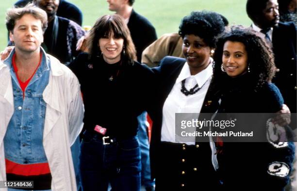Jim Kerr, Chrissie Hynde, Winnie Mandela, Neneh Cherry at the Nelson Mandela 70th Birthday Tribute Concert, Wembley Stadium, London, 11th June 1988.