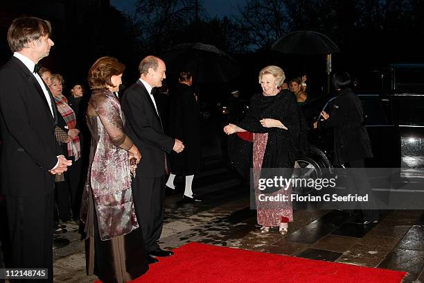 Queen Beatrix of the Netherlands arrives for the performance of the Dutch Royal Concert Orchestra at the Berlin Philharmonic on April 13, 2011 in...