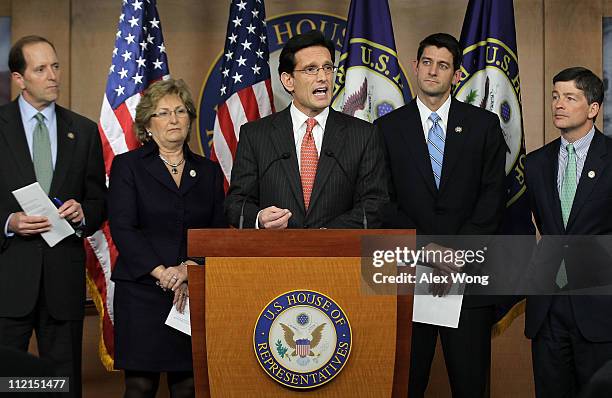 House Majority Leader Rep. Eric Cantor speaks as Rep. Dave Camp , Rep. Diane Black , Rep. Paul Ryan , and Rep. Jeb Hensarling listen during a news...