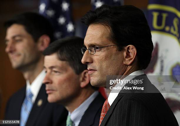 House Majority Leader Rep. Eric Cantor , Rep. Jeb Hensarling and Rep. Paul Ryan listen during a news conference April 13, 2011 on Capitol Hill in...