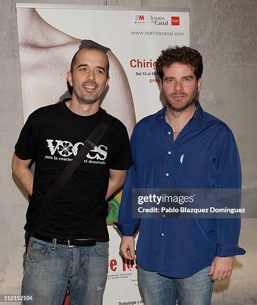 Spanish actors Mariano Alameda and Dani Huarte attend 'La Maleta de los Nervios' photocall at Canal Theatre on April 13, 2011 in Madrid, Spain.