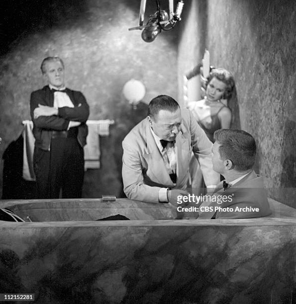 Production of 'Casino Royale' featuring Peter Lorre as Le Chiffre, Barry Nelson as James Bond and in background, Linda Christian as Valerie Mathis....