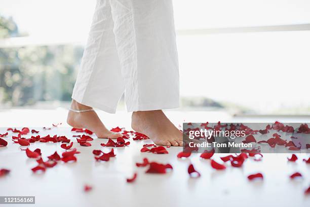 woman walking through flower petals on floor - low section stock pictures, royalty-free photos & images