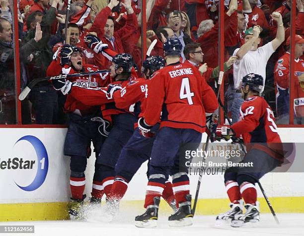 Alex Ovechkin of the Washington Capitals scores the game tying goal in the third period against the New York Rangers in Game One of the Eastern...
