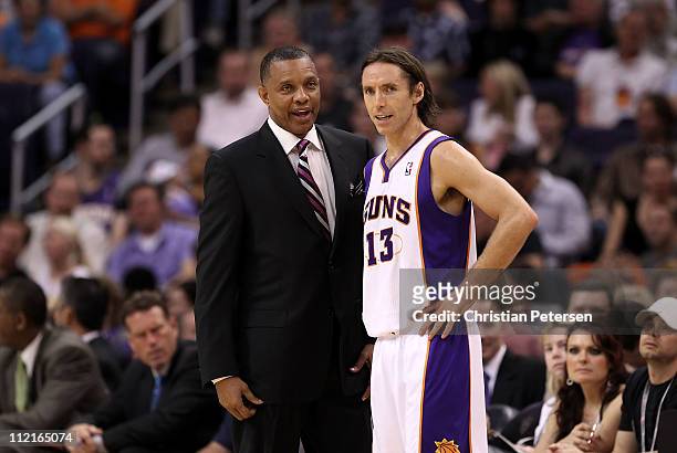 Head coach Alvin Gentry and Steve Nash of the Phoenix Suns talk during the NBA game against the San Antonio Spurs at US Airways Center on April 13,...
