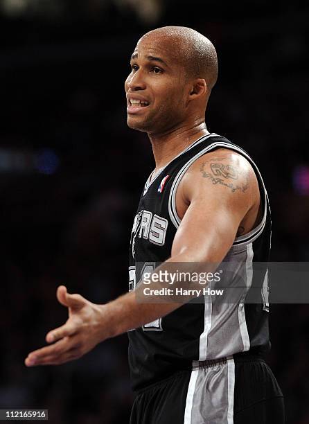 Richard Jefferson of the San Antonio Spurs argues a foul call during the game against the Los Angeles Lakers at Staples Center on April 12, 2011 in...