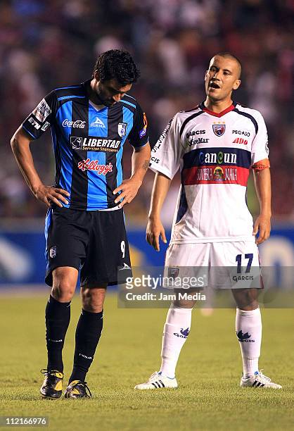 Carlos Bueno of Queretaro reacts during a match as part of the Clausura Tournament 2011 at La Corregidora Stadium on April 13, 2011 in Queretaro,...