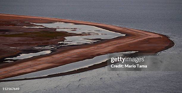 Sand berm built to capture oil from the BP spill is seen in Barataria Bay April 13, 2011 in Barataria Bay, Louisiana. Barataria Bay and its fragile...