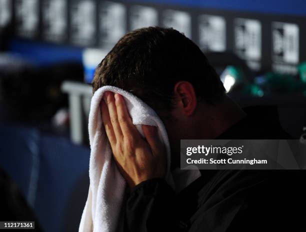 Josh Johnson of the Florida Marlins reacts after being removed from the game against the Atlanta Braves at Turner Field on April 13, 2011 in Atlanta,...