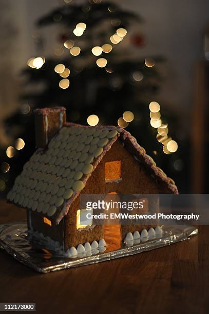 gingerbread house and christmas tree background - gingerbread house stock pictures, royalty-free photos & images