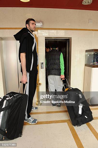 Slavko Vranes, #33 of Unics arrives to Maggior Consiglio Hotel to participate in Eurocup Finals Treviso 2011 on April 14, 2011 in Treviso, Italy.