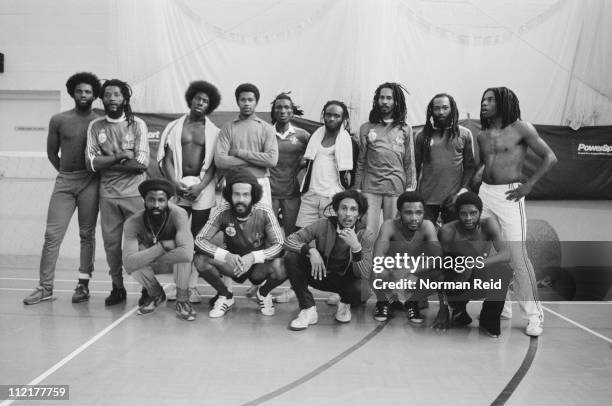 Amateur football teams led by Jamaican singer-songwriter Bob Marley and fellow reggae artist Eddy Grant at a match, Hammersmith Leisure Centre,...