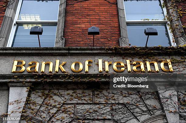 Bank of Ireland logo sign outside a company branch in Dublin, Ireland, on Thursday, April 14, 2011. Bank of Ireland Plc said it will outline plans to...