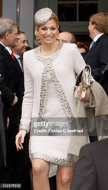 Princess Maxima of the Netherlands leaves the Frauenkirche Cathedral on April 14, 2011 in Dresden, Germany. The Dutch royals are on a four-day visit...