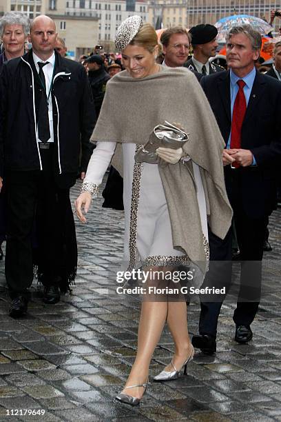 Princess Maxima of the Netherlands arrives at the Frauenkirche Cathedral on April 14, 2011 in Dresden, Germany. The Dutch royals are on a four-day...