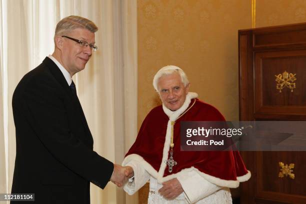 President of Latvia Valdis Zatlers meets with Pope Benedict XVI at his private library on April 14, 2011 in Vatican City, Vatican.
