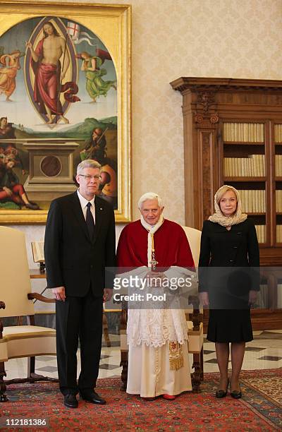 President of Latvia Valdis Zatlers and his wife Lilita Zatlere meet with Pope Benedict XVI at his private library on April 14, 2011 in Vatican City,...