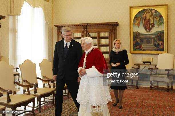 President of Latvia Valdis Zatlers and his wife Lilita Zatlere meet with Pope Benedict XVI at his private library on April 14, 2011 in Vatican City,...