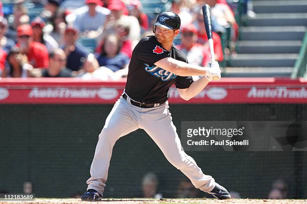 Adam Lind of the Toronto Blue Jays bats during the game between the Toronto Blue Jays and the Los Angeles Angels of Anaheim on Sunday April 10, 2011...
