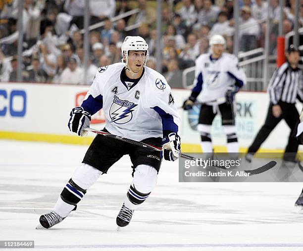 Vincent Lecavalier of the Tampa Bay Lightning skates against the Pittsburgh Penguins in Game One of the Eastern Conference Quarterfinals during the...