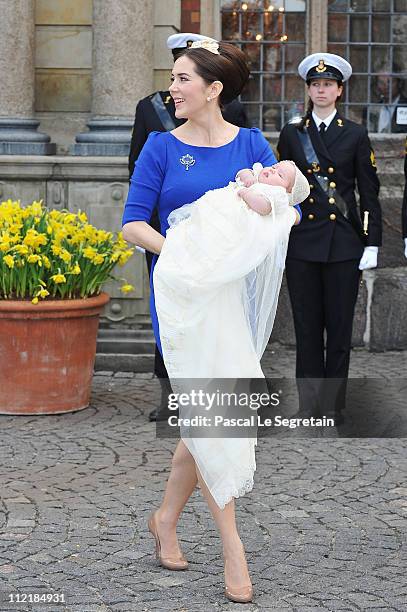 Crown Princess Mary poses with Princess Josephine after the christening of her twins Prince Vincent and Princess Josephine at Holmens Kirke on April...