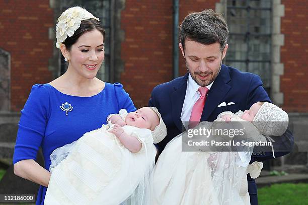 Crown Princess Mary and Crown Prince Frederik of Denmark pose after the christening of their twins Prince Vincent and Princess Josephine at Holmens...