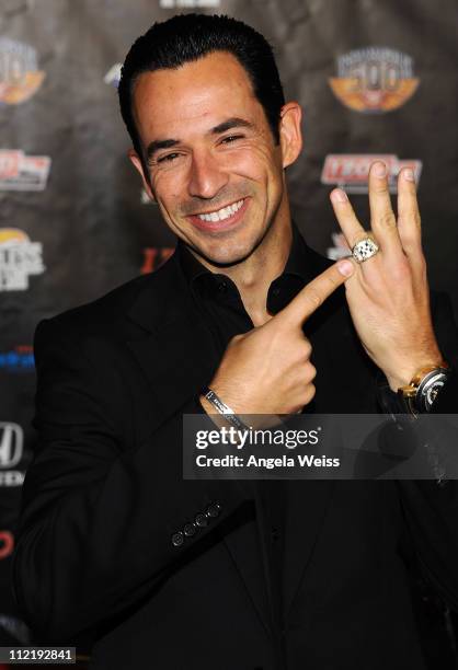IndyCar Series Driver Helio Castroneves arrives at the IZOD IndyCar Series party to celebrate the 100th anniversary of the Indianapolis 500 at The...