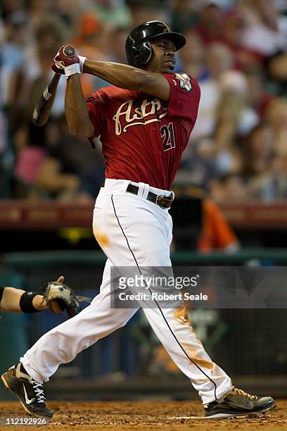 Michael Bourn of the Houston Astros bats during the game between the Florida Marlins and the Houston Astros on April 10, 2011 at Minute Maid Park in...