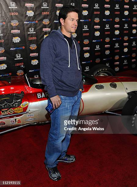 Actor Mark Wahlberg arrives at the IZOD IndyCar Series party to celebrate the 100th anniversary of the Indianapolis 500 at The Colony on April 13,...