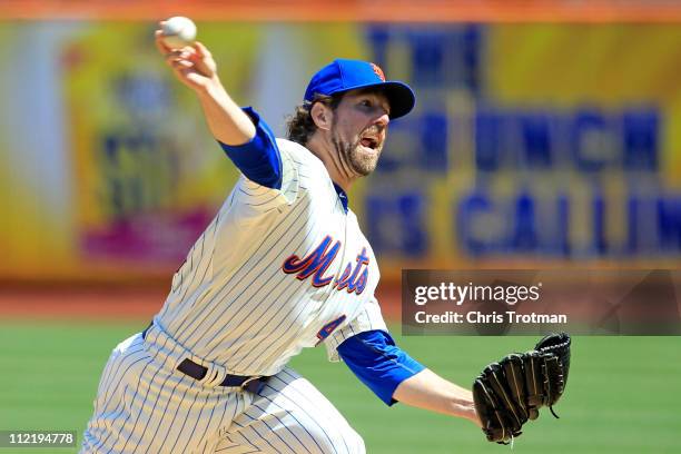 Dickey of the New York Mets pitches against the Colorado Rockies at Citi Field on April 14, 2011 in the Flushing neighborhood of the Queens borough...