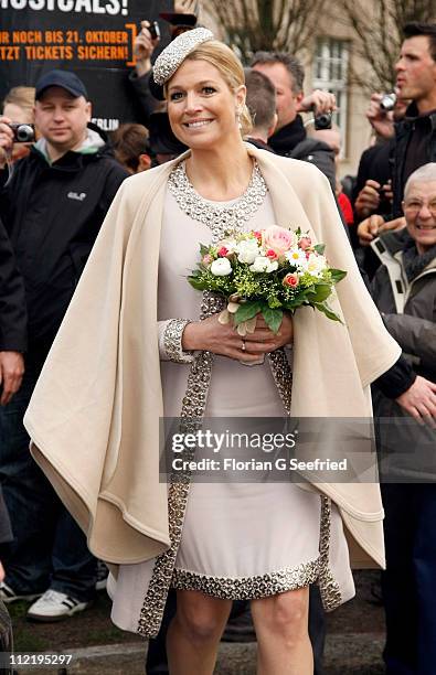 Princess Maxima of the Netherlands leaves the Palucca Dance High School on April 14, 2011 in Dresden, Germany. The Dutch royals are on a four-day...