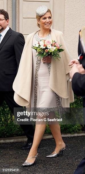Princess Maxima of the Netherlands leaves the Palucca Dance High School on April 14, 2011 in Dresden, Germany. The Dutch royals are on a four-day...