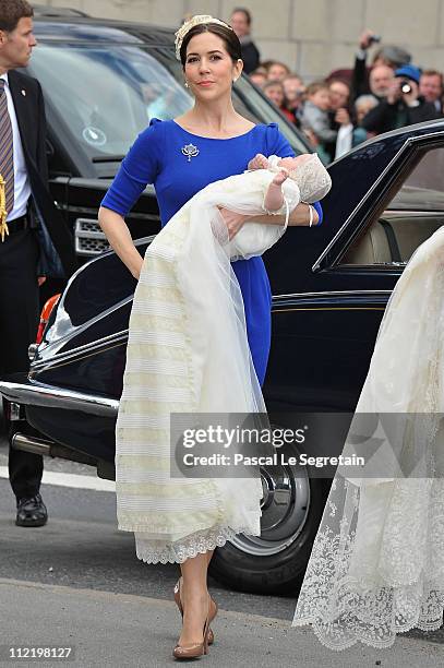 Crown Princess Mary arrives with Princess Josephine before the christening of her twins Prince Vincent and Princess Josephine at Holmens Kirke on...