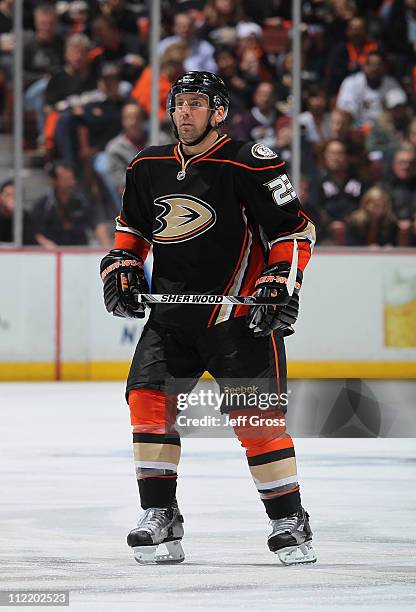 Francois Beauchemin of the Anaheim Ducks skates against the Nashville Predators in Game One of the Western Conference Quarterfinals during the 2011...