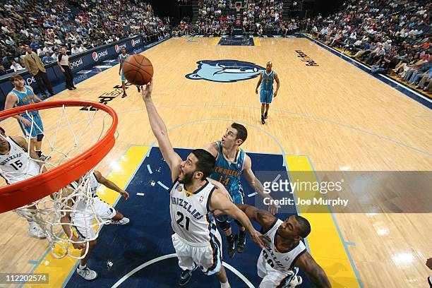 Memphis Grizzlies guard Greivis Vasquez goes to the basket during the game against the New Orleans Hornets on April 10, 2011 at FedExForum in...