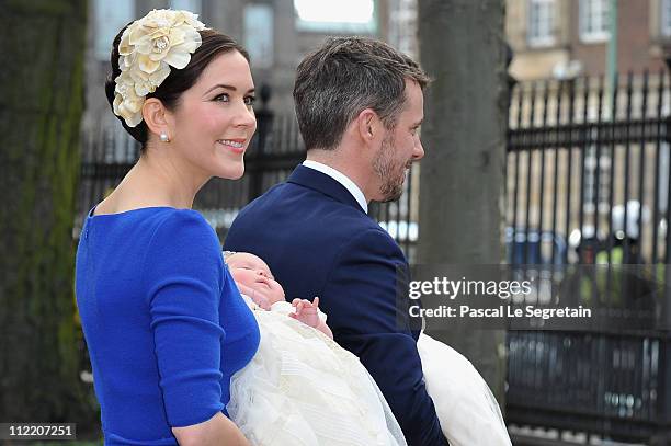 Crown Princess Mary and Crown Prince Frederik of Denmark pose after the christening of their twins Prince Vincent and Princess Josephine at Holmens...