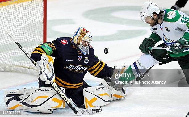 Konstantin Barulin of the Atlant Mytishchi defends the net during Game Four of the 2011 KHL Gagarin Cup Final Series against the Salavat Yulaev Ufa...